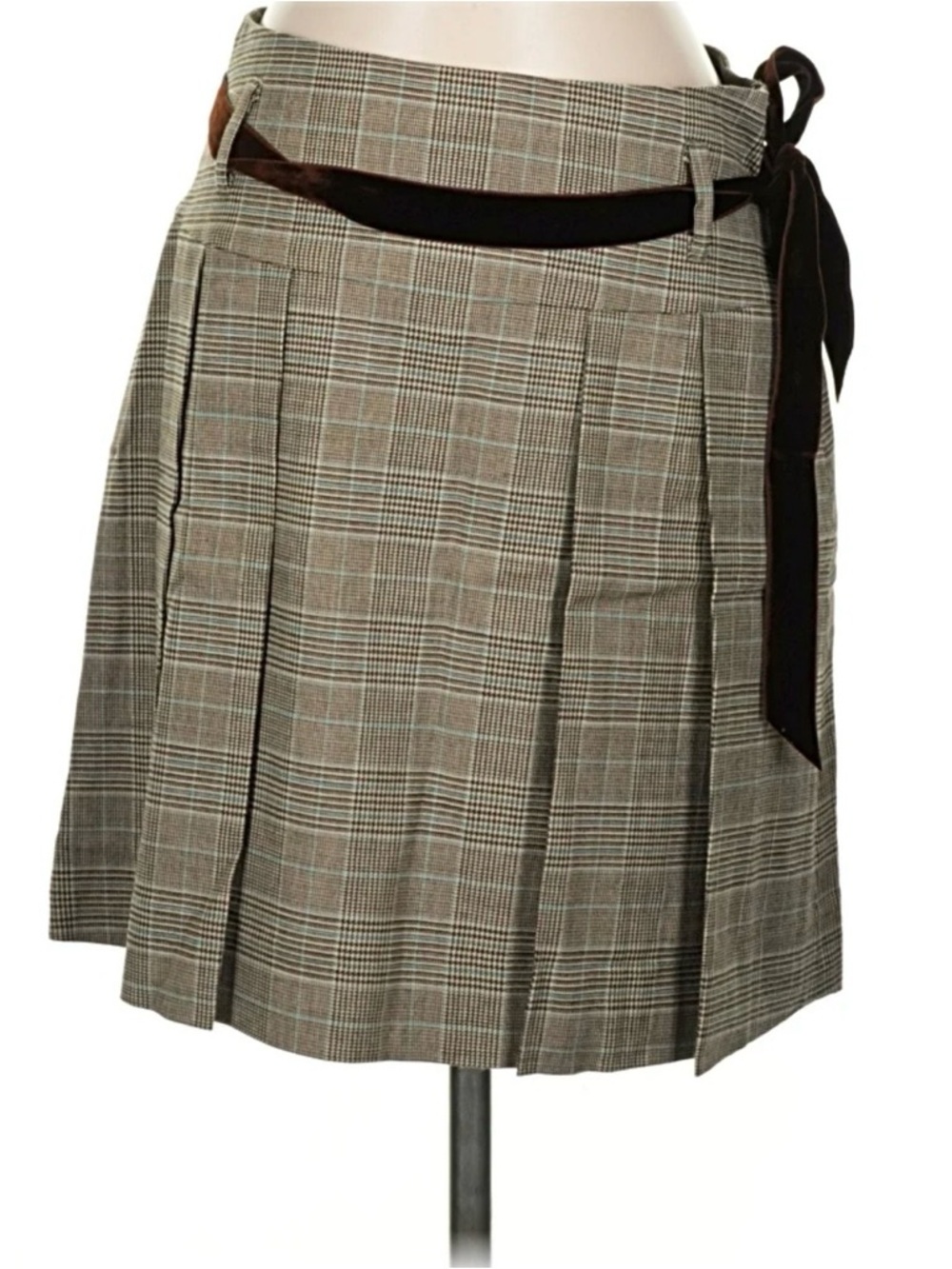 Banana Republic Glen Plaid Pleated Mini Skirt with Brown Side Tie